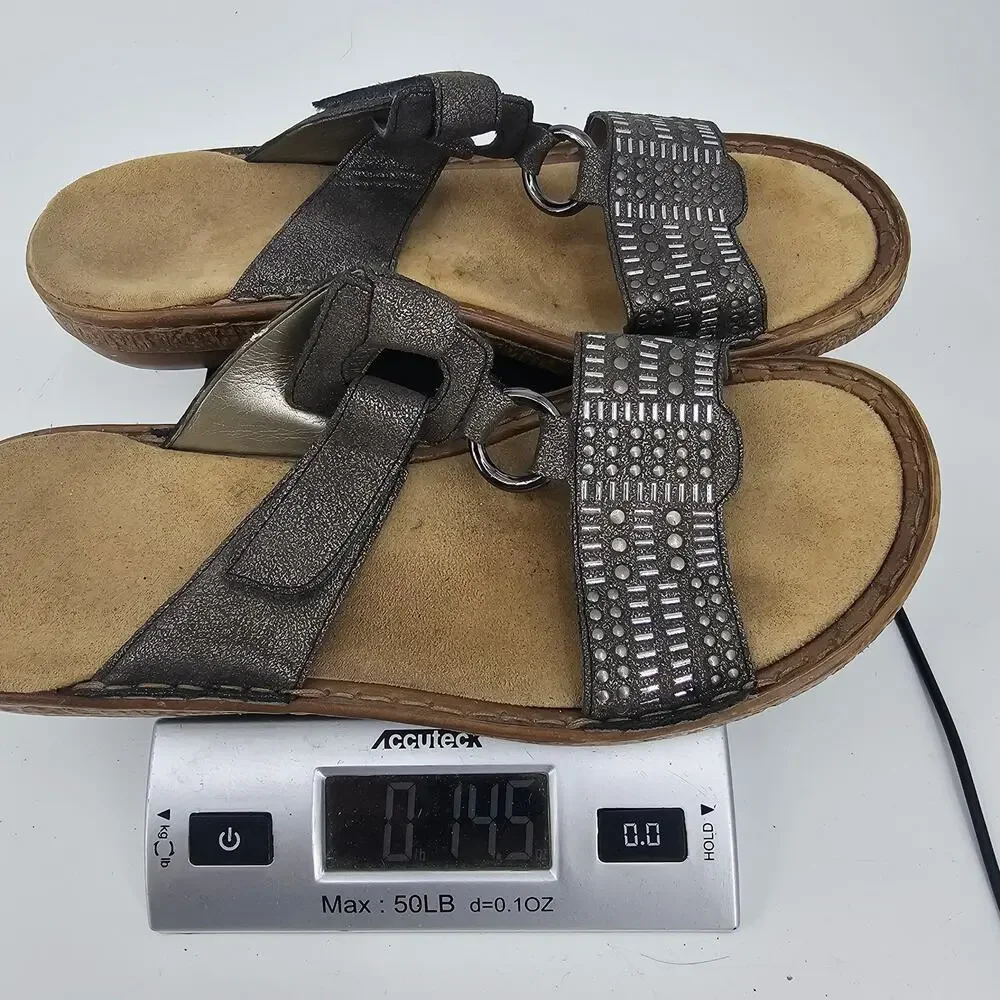 Rieker Regina Metallic Gray Leather Slide Sandal 62854-45 Women's EU 40 US 9.5